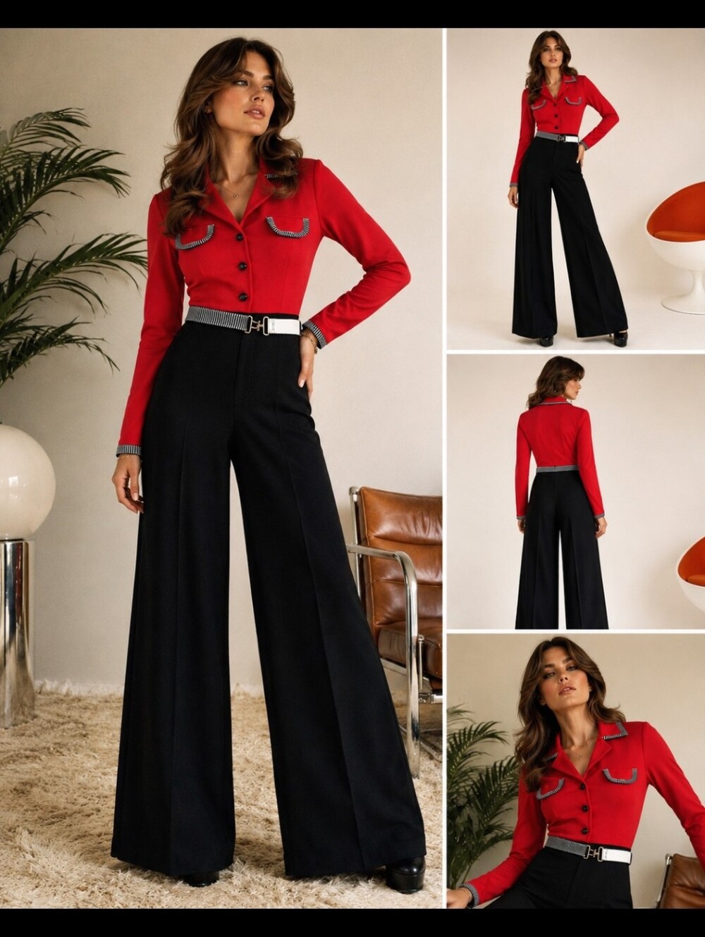 Vintage 70s Red & Black Wide Leg Jumpsuit Palazzo Pants Belted Disco XS Small